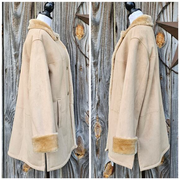 VTG 90s Penny Lane Coat Size L Tan Faux Suede Plush Fur Patchwork Fleet Street - Picture 3 of 11